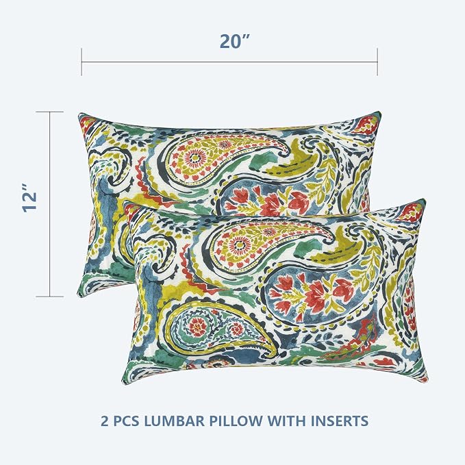 LVTLVTXIII 12×20 Inch Outdoor Lumbar Pillows, Pack of 2 Water Repellent Lumbar Pillow with Inserts, Fluffy Decorative Garden Lumbar Cushions for Home Patio Coach Sofa Use, Paradise Paisley