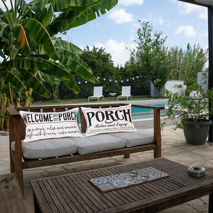 Welcome Porch Outdoor Pillow Covers 12x20 Inch Waterproof White Decorative Throw Pillows for Patio Furniture Garden Cushion Case Bench Decor