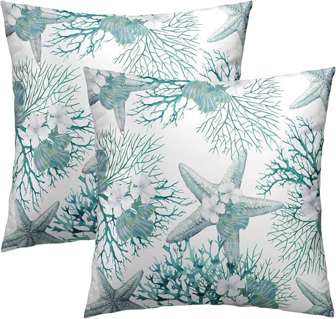Nautical Coastal Throw Pillow Covers 16x16 Set of 2, Summer Ocean Beach Coral Floral Decorative Pillow Cases Cotton Cushion Cover for Home Sofa Couch Wedding Anniversary Decor