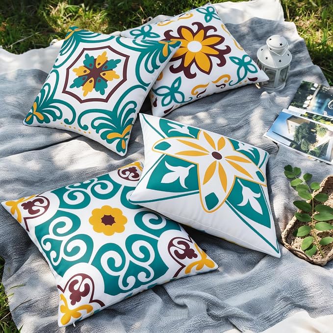 Pyonic Turquoise Waterproof Outdoor Pillow Covers 16x16 inch | Set of 4,Morocco Vintage Floral Boho Throw Pillow Covers ,Water Resist Outdoor Pillows for Patio Furniture Garden Yard