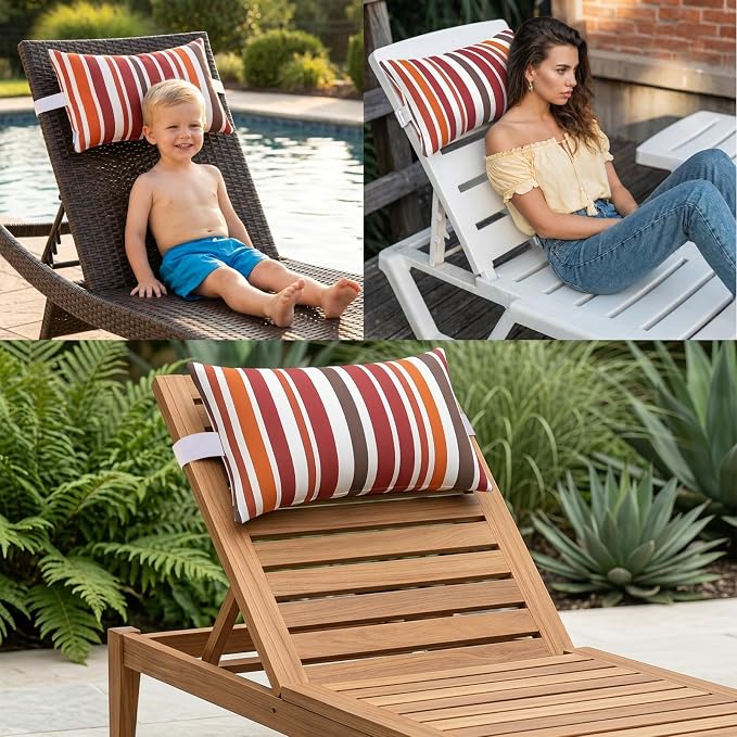 Chaise Lounge Head Pillow Oudoor Patio Pillow with Elastic Strap | 2 Pack Water Resistant Headrest Pillows for Recliner, Beach Chair, Office Chair, Stripes