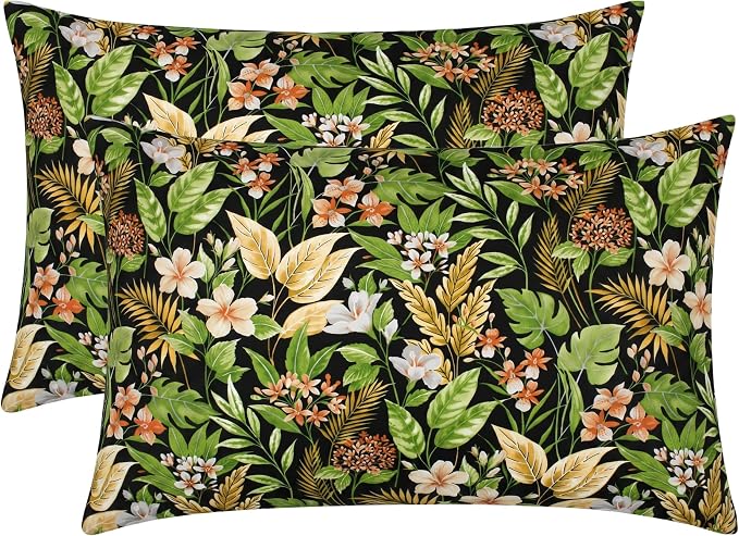 RSH DECOR: Lumbar Throw Pillows Set of 2 | 20” x 12" | All-Weather Spun Fabric | Outdoor Support Pillows for Patio Furniture | Made in USA (Carena Ebony)