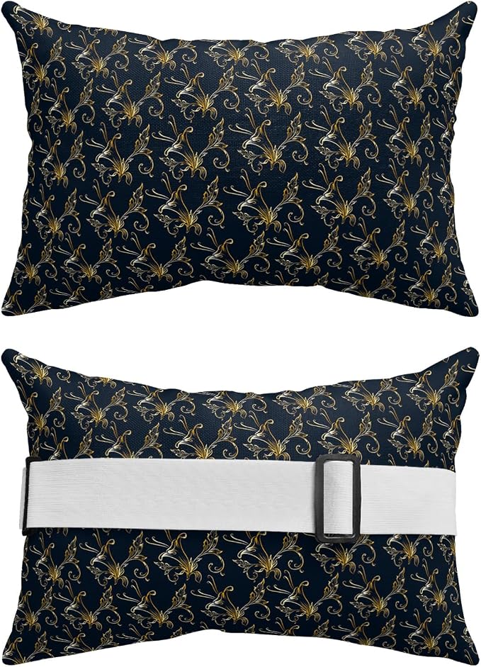 Outdoor Pillows Covers with Inserts Gold Gradient Floral Leaves Black Waterproof Recliner Pillow with Adjustable Strap Throw Pillows for Patio Furniture Pool Lounge Chair, 11x16 inch, 2PCS