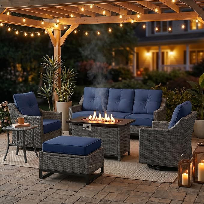 3 Pieces Patio Furniture Set with 6" Thick Cushions, All Weather Outdoor Wicker Swivel Rocker Chairs Set of 2 with Table for Porch Yard Deck