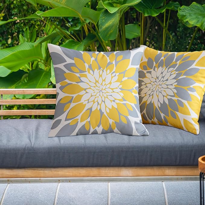 Pack of 4 Fall Outdoor Waterproof Pillow Covers 16x16 Decorative Outdoor Throw Pillows Garden Square Cushion Cases for Patio Furniture, Couch, Tent Sunbrella, Bench, Mustard Yellow Grey
