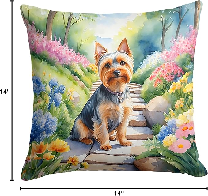 Caroline's Treasures Silky Terrier Spring Path Throw Pillow Machine Washable, Indoor Outdoor Decorative Pillow for Couch, Bed or Patio, 14Hx14W