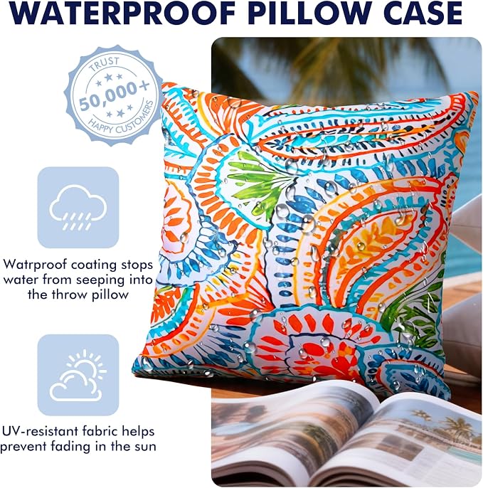 2 Pack Waterproof Outdoor Pillows, 18x18 Outdoor Throw Pillows | Patio Furniture Pillows, Fluffy Decorative Pillows, Waterproof &Fade Resistant, Removable & Washable, Paisley Multi Orange