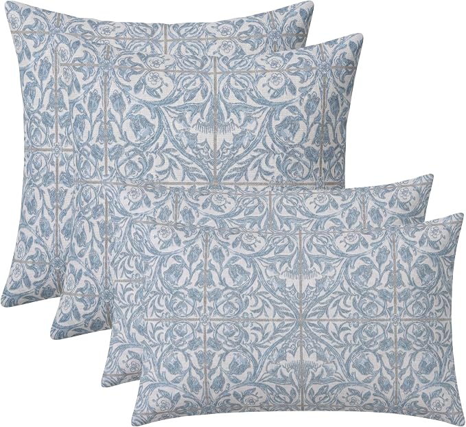 RSH DECOR: Sunbrella Lumbar & Square Pillows Set of 4 | 20" x 12" & 20" x 20" | Water and Fade-Resistant Performance Fabric | Outdoor Throw Pillows for Patio Furniture | Made in USA (Provincial Azure)