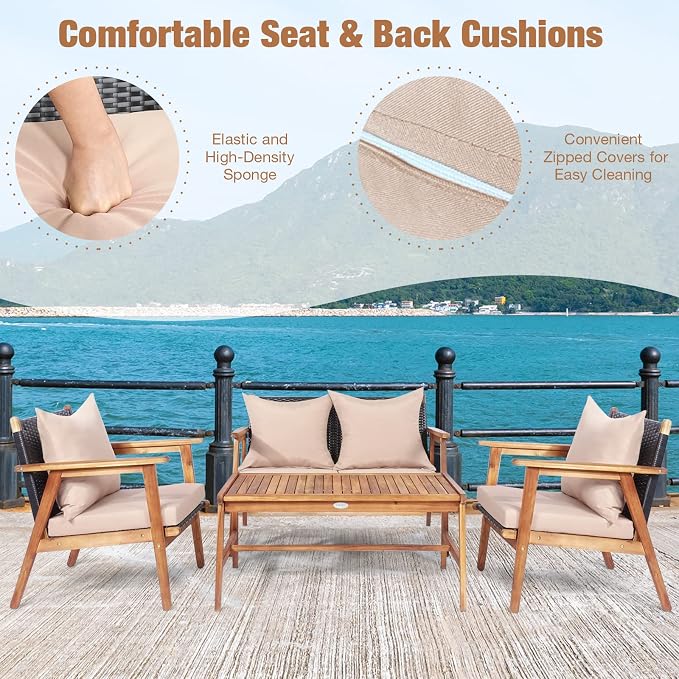 HAPPYGRILL 4 Piece Outdoor Rattan Sofa Set Acacia Wood Frame Conversation Set with Coffee Table, Modern Style for Backyard, Patio, Garden, Poolside, Balcony