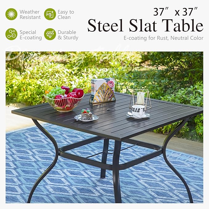 Sophia & William Patio Set with Umbrella, Outdoor Dining Set with 10ft 3-Tier Red Umbrella, 4 x Fixed Patio Dining Chairs, & Square Metal Table for Garden Backyard (No Umbrella Base)