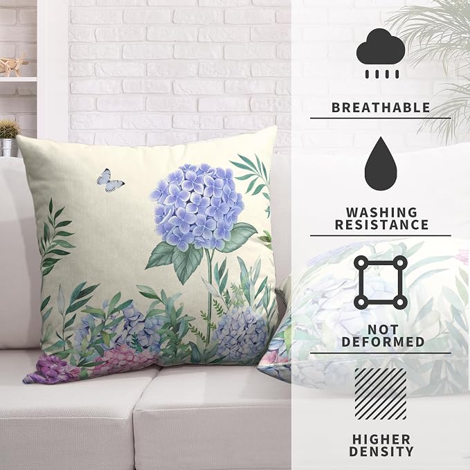 Watercolor Sping Flower Throw Pillow Covers Set of 2 Blue and Pink Hydrangea Pillow Case 24x24 Summer Floral Butterfly Cushion Case for Indoor Outdoor Patio Car