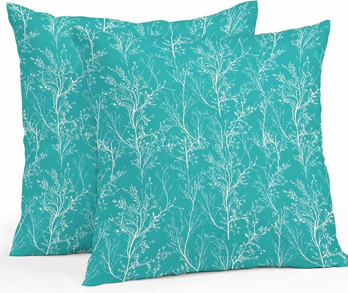 Turquoise Branches Waterproof Outdoor Pillow Covers Set of 2 Home Decor, Abstract Art Leaves Plant Pillowcase Patio Pillow Covers for Couch Bench Patio Furniture Garden 24x24in