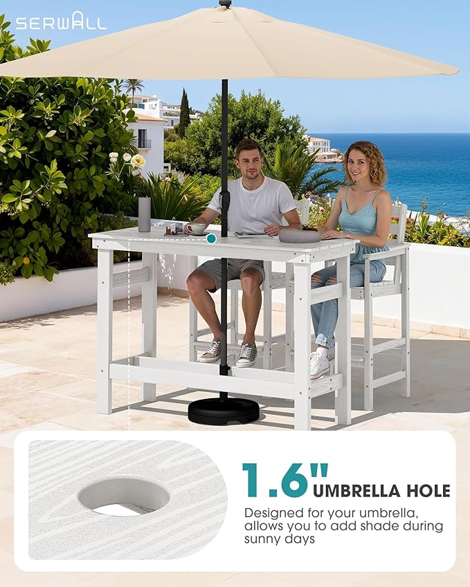 SERWALL Outdoor Bar Set - 2 Adirondack Bar Chairs & Bar Height Table with 1.6" Umbrella Hole, All-Weather HDPE Patio Furniture for Poolside, Backyard, Garden - White