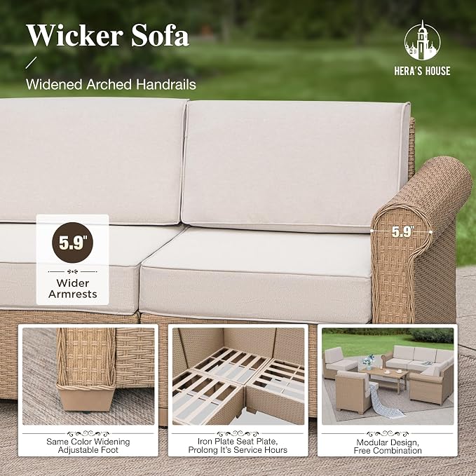 HERA'S HOUSE 7 Piece Patio Furniture Set, Outdoor Sectional Wicker Sofa with Fire Pit Table, 5.5" Thick Waterproof Cushion All Weather 5 Seats Modular Conversation Set for Garden Deck Backyard