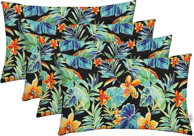 RSH DECOR: Lumbar Throw Pillows Set of 4 | 20” x 12" | All-Weather Spun Fabric | Water and Fade-Resistant | Outdoor Support Pillows for Patio Furniture | Beachcrest Caviar