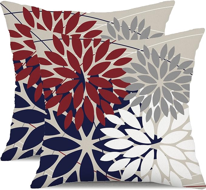 DFXSZ Pack of 2 Outdoor Waterproof Throw Pillow Covers 16x16 Red Blue | Polyester Spring Summer 4TH Of July Floral Decorative Cushion Cases(NO INSERT),For Couch Patio Funiture Garden Home Decor