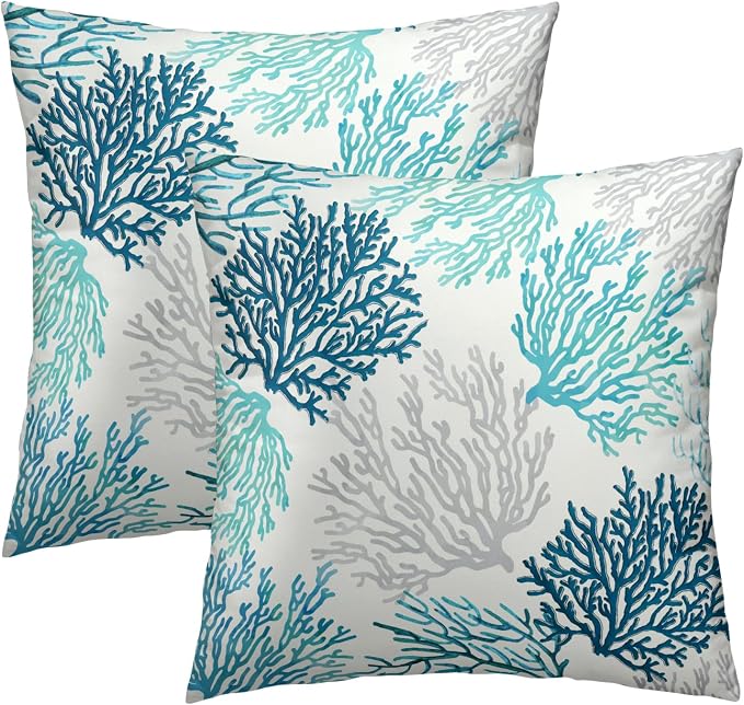 Summer Coastal Throw Pillow Cover 18x18 inch Set of 2, Teal Blue Coral Beach Ocean Themed Decorative Cushion Covers for Home Couch Bed Sofa Farmhouse Decoration