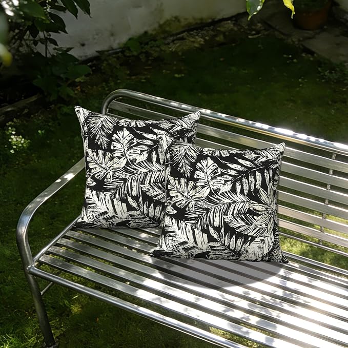Outdoor Throw Pillow Covers 18x18 Inch, Decorative Pillow Covers for Patio Furniture, Tropical Leaf Black Modern Cushion Cases for Garden Couch Home Sofa, Pack of 2