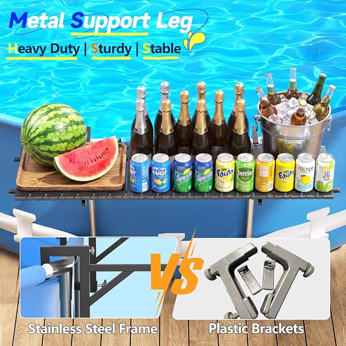 FUQUN Above Ground Pool Bar, 47" x 11.7" Heavy-Duty Matte Black Poolside Table, Stainless Steel Frame, Aluminum Tabletop, Fits 2-4" Top Rails & 22.8-48.4" Leg Spacing, for Round & Oval Frame Pools