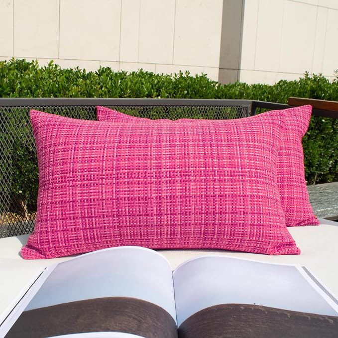 Kevin Textile Outdoor Waterproof 12"x24" Pillow Covers 2 Pack, Hot Pink | Water Resistant, Faux Linen Yarn-dyed, Woven Texture Throw Pillow Covers for Tent Patio Garden Couch Sofa