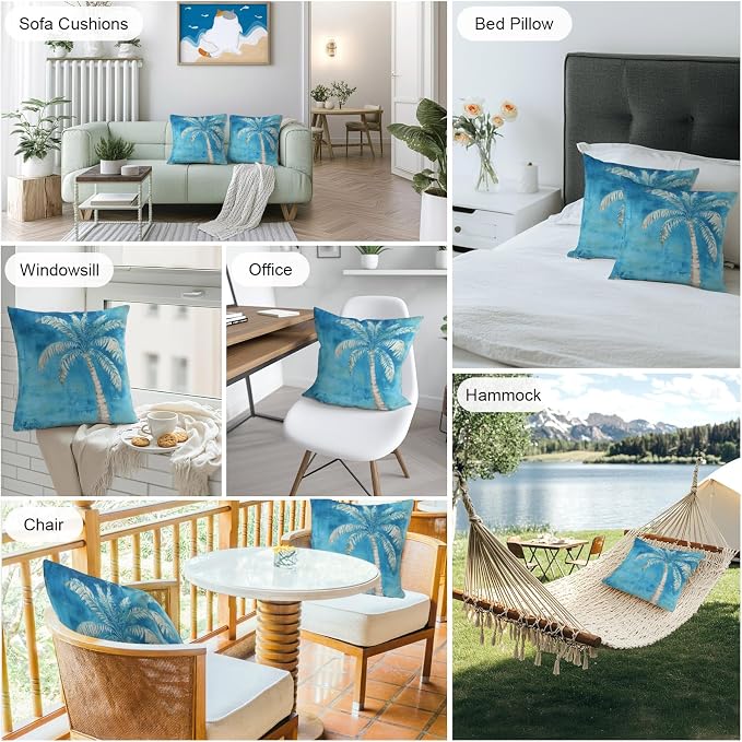 Coastal Beach Tree Blue Outdoor Waterproof Pillow Covers, Vintage Summer Palm Tree Decorative Square Throw Pillowcase, Tropical Botanical Sofa Cushion Sham for Patio/Couch/Chair, 16"x16" 2 Pack