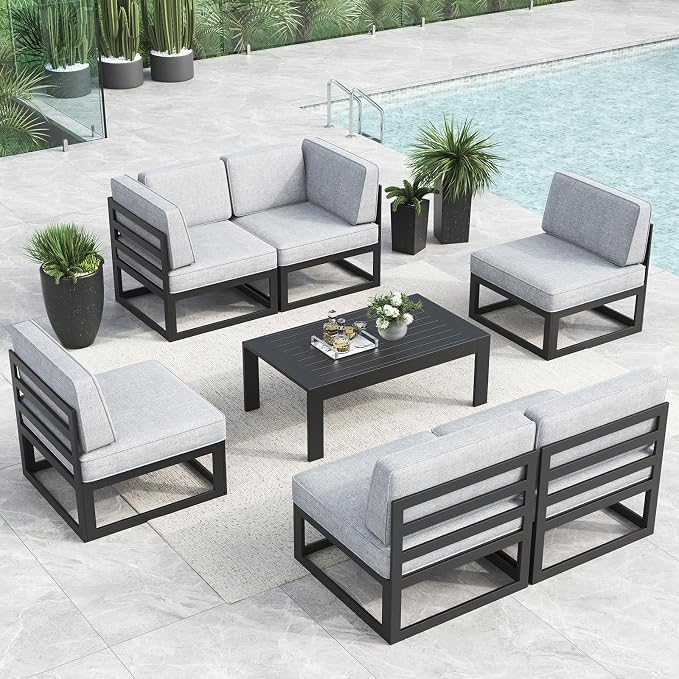 LayinSun Large Aluminum Patio Furniture Set, 7 Pieces Modern Outdoor Conversation Set Sectional Metal Sofa Set with Olefin Cushion