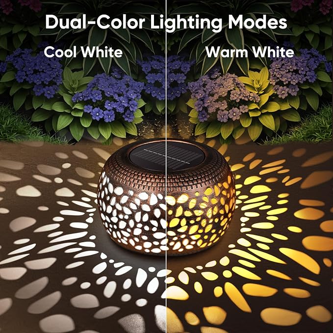 Solar Lanterns Outdoor Waterproof: 2 Pack Red Copper Metal Garden Lights | IP65 Hollow Out Vintage Table Solar Lights, 2 Lighting Modes, 600mAh Battery, Patio Yard Decor, Gardening Gifts for Friends