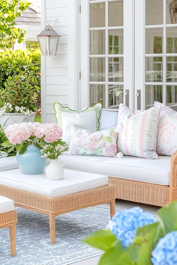 Hofdeco Premium Coastal Patio Indoor Outdoor Lumbar Pillow Cover Only, 12"x20" Water Repellent for Backyard, Couch, Blush Pink Green Print Sketch Hydrangea Flower