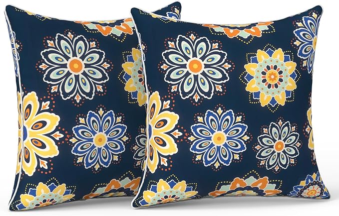 LVTXIII Outdoor Throw Pillows 18x18 Patio Waterproof Square Pillows with Piping Fade Resistant Accent Pillow for Spring Summer Garden Decoration, Set of 2, Bloom Medallion‌ Cobalt