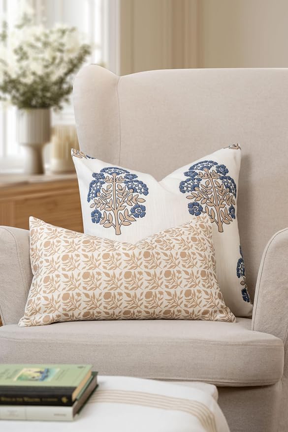California Casual Coastal Indoor Outdoor Throw Pillow Cover, 20"x20" Water Repellent for Patio, Backyard, Couch, Poolside, Earth Tone Tan Azure Blue Block Print Hydrangea Flowers