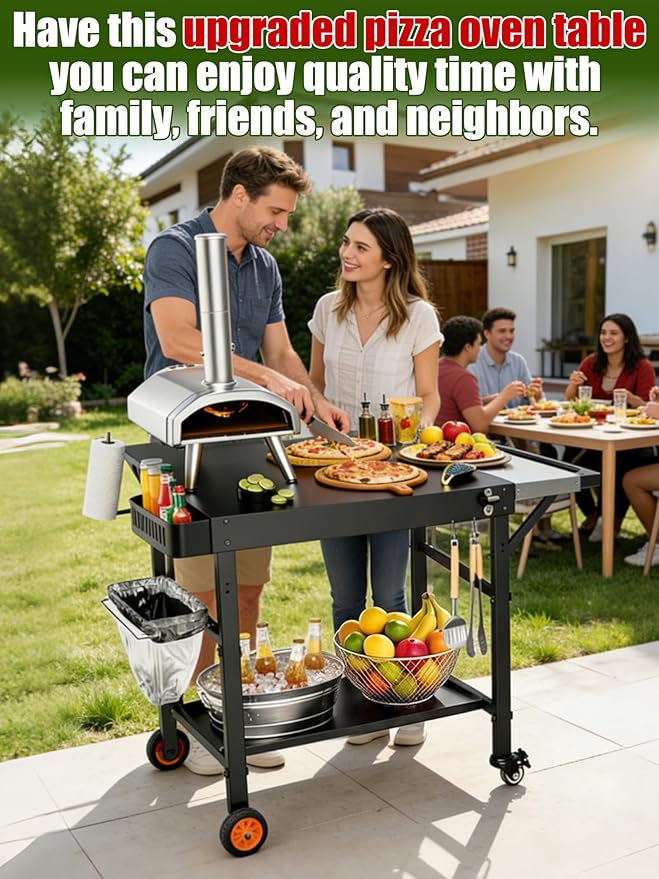 Outdoor Pizza Oven Table, Movable Grill Side Table, Expansive Countertop Pizzas Oven Accessories, Pizzas Stands for Party with Wheels, Fits Ooni Blackstone Ninja Cuisinart Gozney
