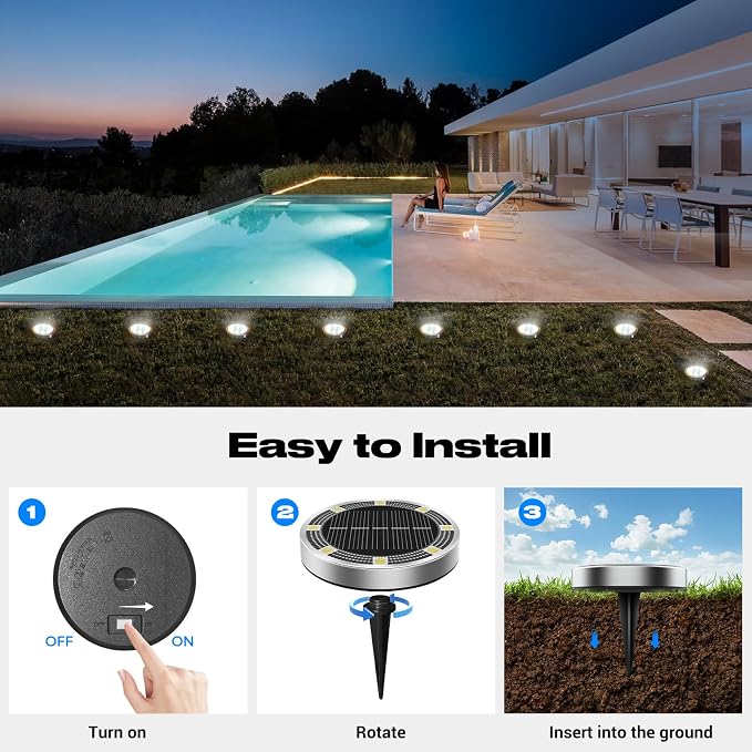 Solar Ground Lights Outdoor, 6 Pack Flat Solar Powered Disc Lights, IP68 Waterproof, Anti-Rust, Landscape Lighting for Pathway Garden Yard Lawn Walkway Landscape Driveway, Mini, Cool White