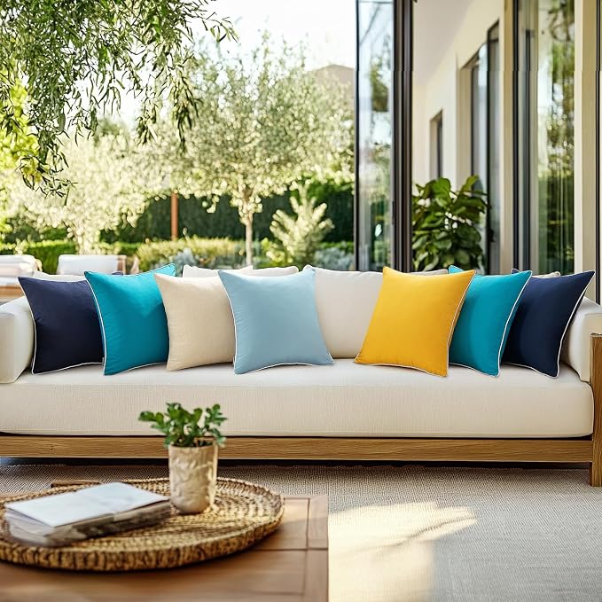 MIULEE Outdoor Waterproof Pillow Covers 18x18 Blue Pack of 2 | Decorative Farmhouse Throw Pillow Covers with Piping,Square Solid Color,Patio Furniture,Summer Couch Tent Sofa Living Room