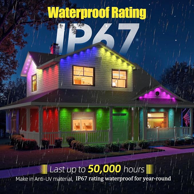Permanent Outdoor Lights for House 100ft RGB+IC Eave Lights | IP67 Waterproof Smart LED Outdoor Lights with 16M Colors, App/Remote Control for Christmas, Halloween, Daily, Party