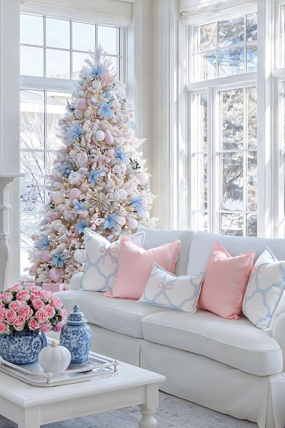 Hofdeco Premium Coastal Grandmillennial Patio Indoor Outdoor Throw Pillow Cover Only, 20"x20" Water Repellent for Backyard, Couch, Poolside, Baby Blue Pink Embroidered Ribbon Bow Tie on Leaves