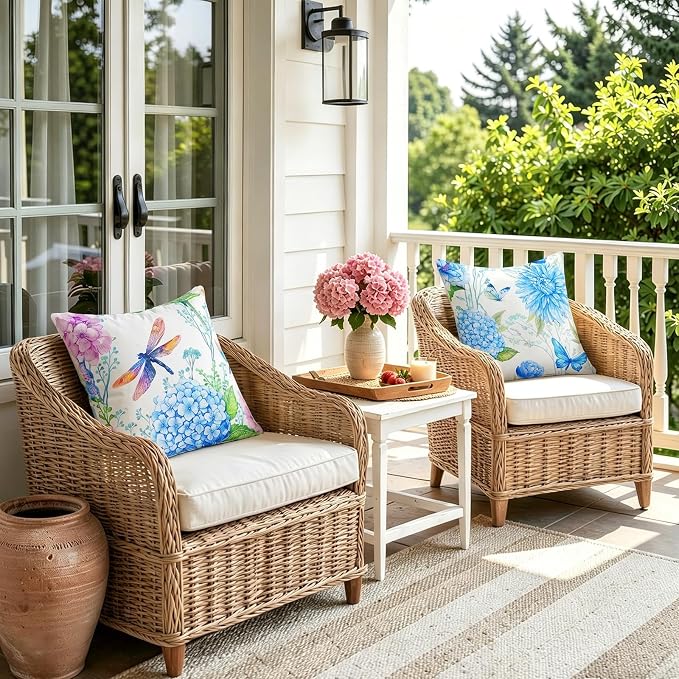 Merrycolor Outdoor Waterproof Throw Pillow Covers 18x18Inch Set of 4 Summer Flowers Accent Farmhouse Décor Hydrangeas Butterflies Birds Decorative Pillow Covers for Couch paito Garden Sofa Blue-Purple