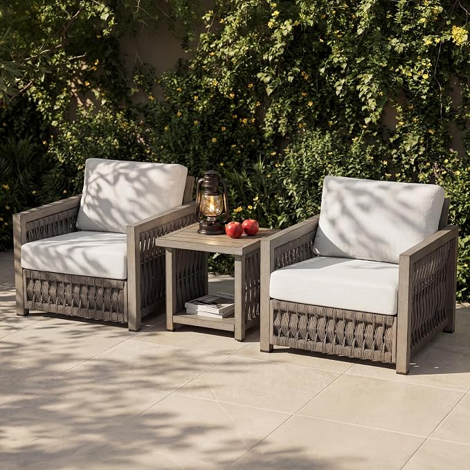 3 Pieces Patio Furniture Set, Outdoor Patio Sofa Set with 2 Armchair & Side Table, All-Weather Aluminum Garden Outdoor Contemporary Sofa Chair with Cushion for Porch Yard Deck, Gray Oak