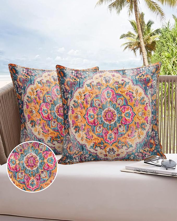 Prime Leader Outdoor Waterproof Pillow Covers Set of 2, Geometric Abstract Carpet Flowers Pattern Pink Patio Throw Pillow Covers, Decorative Cushion Case for Couch Sofa Furniture Garden, 20x20 Inch