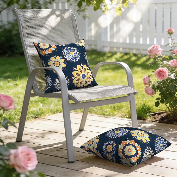 Outdoor Pillows with Insert 18x18 Inch, Waterproof Throw Pillow for Patio Furniture, Decorative Back Cushion for Garden Home Sofa Office Chair, Set of 2, Bloom Medallion‌Cobalt
