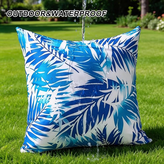 Outdoor Tropical Leaves Pillow Covers Waterproof Decorative Blue Leaf Pillow Covers Summer Accent Couch Covers Garden Farmhouse Throw Cushion Cases 20x20 Set of 2 for Patio Tent Balcony Bench Sofa