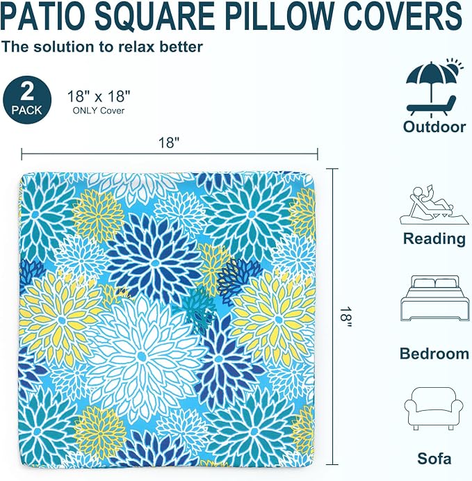 DYTXIII Pack of 2 Outdoor Waterproof Pillow Covers ONLY, 18"x18" Square Decorative Double Printed Throw Pillow Cases for Patio Couch Porch Furniture, Dahlia Blue