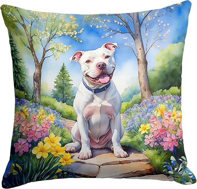 Caroline's Treasures Pit Bull Terrier Spring Path Throw Pillow Machine Washable, Indoor Outdoor Decorative Pillow for Couch, Bed or Patio, 14Hx14W