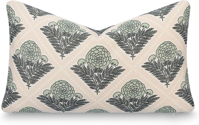 Modern Farmhouse California Casual Indoor Outdoor Lumbar Pillow Cover, 12"x20" Water Repellent for Patio, Backyard, Couch, Earth Tone Light Green Tan Block Print Vintage Hydrangea Flowers