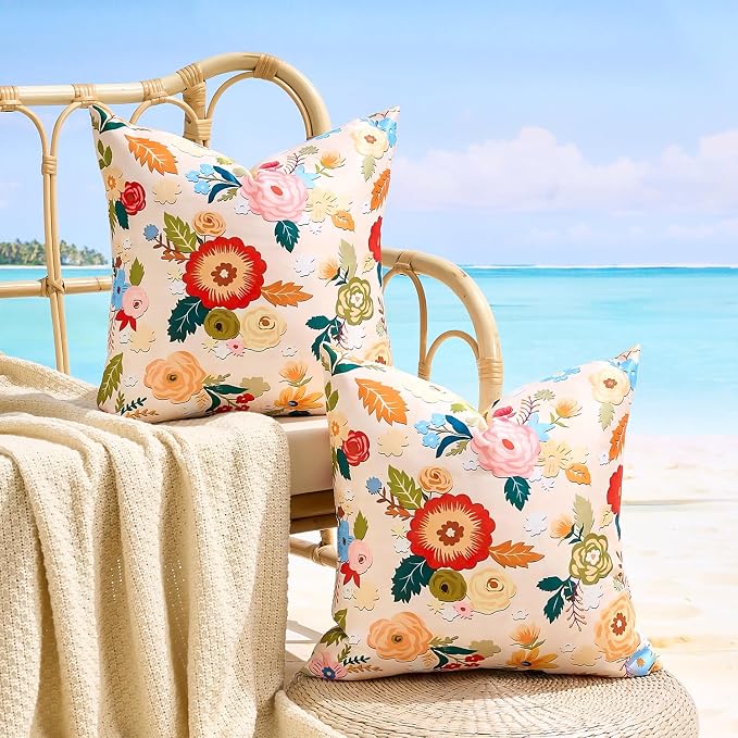 Outdoor Waterproof Floral Pillow Covers Summer Decorative Throw Pillow Covers 20x20 Inch Square Garden Cushion Sham Pillowcase Set of 2 Outside Decor for Patio Tent Garden Sofa Accent Pillow Cases