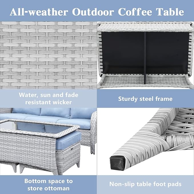 Belord Outdoor Coffee Table with Tempered Glass Top, Patio Rectangular Light Grey Wicker Table, Handwoven Rattan Coffee Table Compatible with Patio Furniture Sets for Porch Deck Backyard