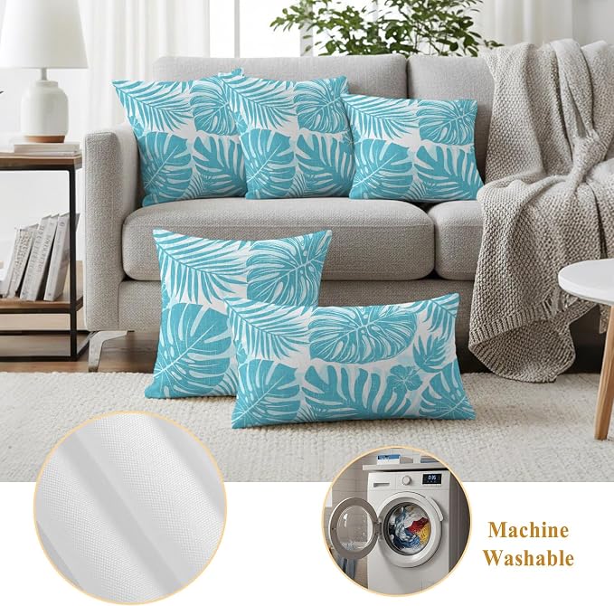 Aqua Blue Palm Leaves Outdoor Pillow Covers 18"x18" Set of 2, Tropical Botanical Minimalist Modern Waterproof Throw Pillow Covers for Patio Furniture, Decorative Cushion Covers for Porch