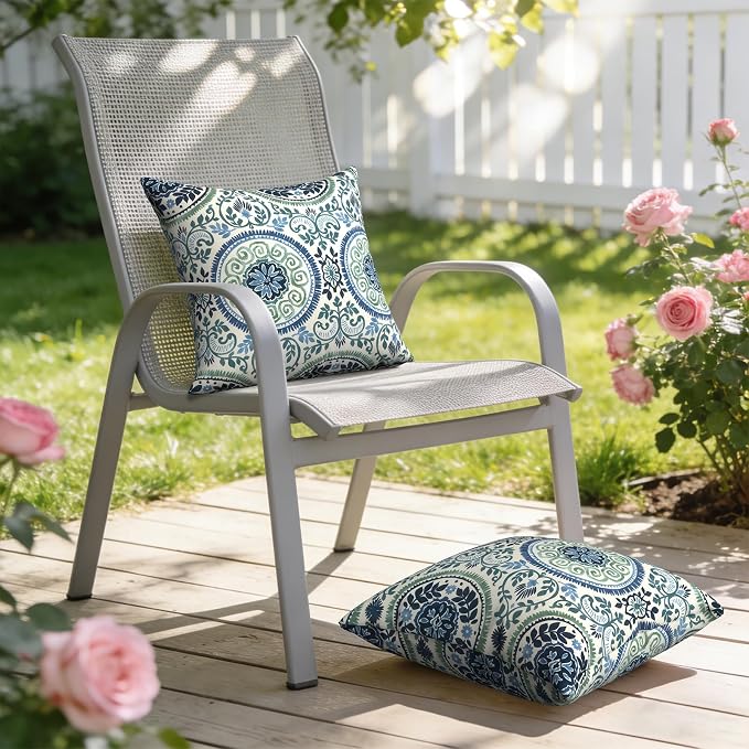 Outdoor Pillows with Insert 18x18 Inch, Waterproof Throw Pillow for Patio Furniture, Decorative Back Cushion for Garden Home Sofa Office Chair, Set of 2, Medallion Blue