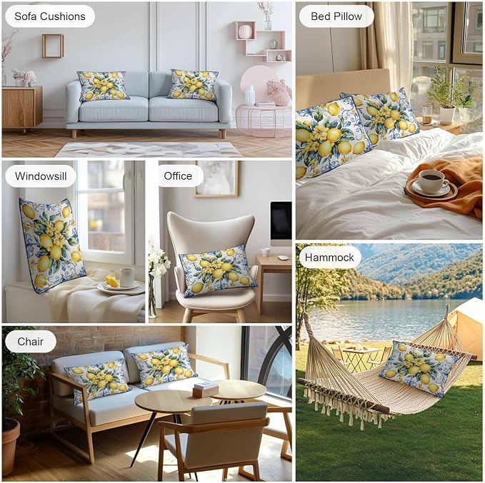 Lumbar Pillow Covers 20x12 Inch Set of 2, Yellow Lemon Waterproof Outdoor Cushion Covers, Middle Century Blue Italian Textured Decorative Pillowcases for Couch, Sofa, Bed, Garden, Patio
