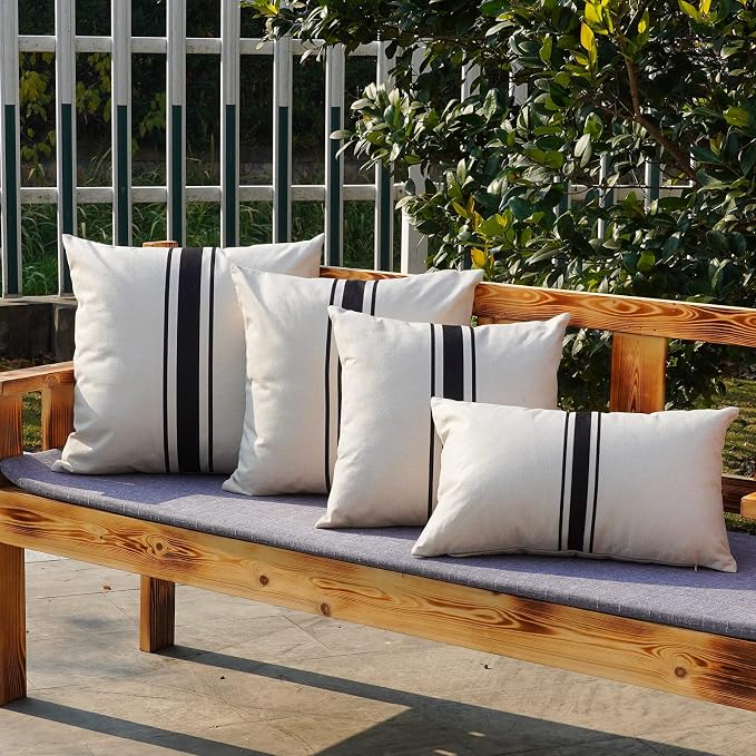 ONWAY Outdoor Pillow Covers Waterproof 20x20 Set of 2 Decorative Linen Throw Pillow Cover Beige and Black Striped Outdoor Pillows for Patio Furniture