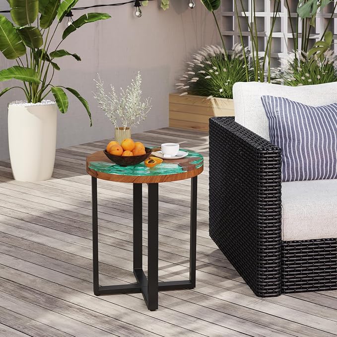 Giantex 20” Teak Wood Outdoor Side Table - Round End Table with Epoxy Resin Tabletop, Solid Live Edge, Mahogany Base, Rustic Sofa and Couch Table for Patio, Porch, Poolside, Living Room, Yard, Brown